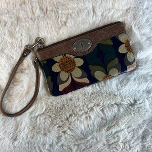 Fossil Key-Per Coated Canvas & Leather Zippered Wristlet Bag Wallet Floral Desig